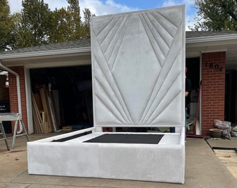 Upholstered Platform Bed: Geometric Tufted Headboard, Made to Order