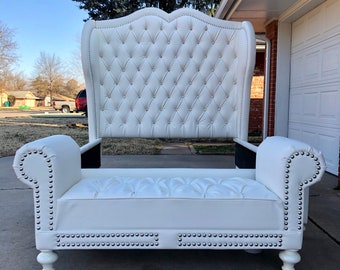 Tall Tufted Headboard Bed Frame: Upholstered Wingback with Crystal Detail