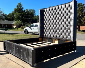 Tall Velvet Bed Frame: Diamond Tufted Wingback Headboard, Lucite Legs (MADE TO ORDER)