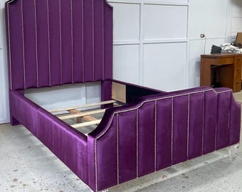 Bespoke Bed Frame Nailhead Trim Channel Tufted Matching Footboard Queen Size Lucite Legs CUSTOM FOR CALANDRA