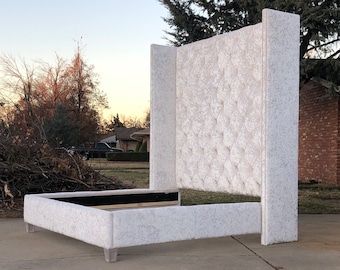 Tufted Wingback Bed Frame: Velvet Upholstered Headboard, Custom Made