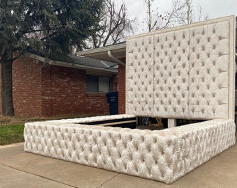 Tufted platform bed frame queen deals