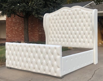 Custom Tufted Bed Frame: Tall Upholstered Headboard, Faux White Leather