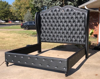 Custom Tufted Wingback Bed: Upholstered Crystal Diamond Glam Headboard
