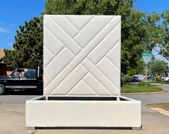 Extra Tall Headboard Modern Geometric Tufted Upholstered California King Queen Full Twin Bed Frame MADE TO ORDER