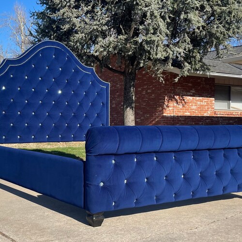 Diamond Tufted Sleigh Bed Velvet Extra Tall Headboard Etsy