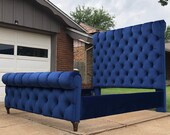 Sleigh Bed Tufted Headboard Channel Velvet Extra Tall California King Queen Full TwinBed Frame CUSTOM MADE