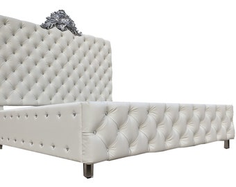 Custom Tufted Platform Bed: Glam Upholstered Headboard with Crystal Detail