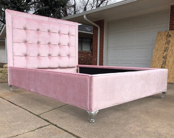Custom Tufted Velvet Bed: Glam Queen Bed Frame with Crystal Buttons