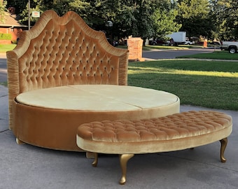 Custom Round Bed Frame: Tufted Velvet Upholstered Platform