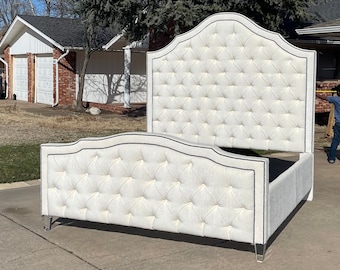 Tufted Upholstered Bed: Tall Curved Headboard, French Farmhouse Style