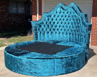 Round Bed Tufted Upholstered Bed French Shape Circular Platform Bed Frame Velvet Linen Choose Fabric CUSTOM MADE