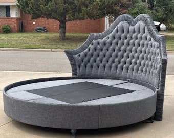 Round Bed Platform Frame Tufted Upholstered Scallop Curvy French Retro Mid Century Pick Your Color Bespoke MADE TO ORDER