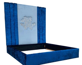Monogrammed King Bed: Crystal Tufted Upholstered Headboard, Custom Made