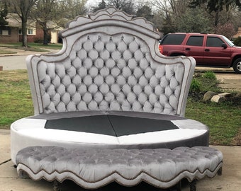 Custom Round Velvet Bed Frame: Smoke Crystal Tufted Headboard