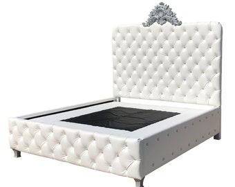Custom Tufted Bed: Tall Headboard, Platform Frame, Crystal Rhinestone