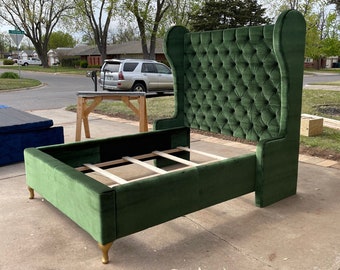 Curved Wingback Bed Frame: Tufted Velvet Headboard, Custom Made