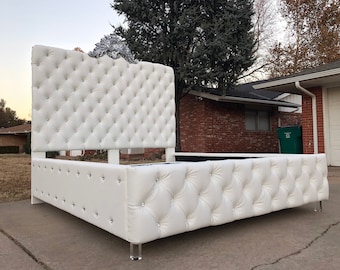 Custom Tufted King Bed Frame: Tall Headboard, Rhinestone Glam