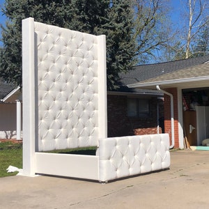 Tall Tufted Headboard Bed Frame: Ivory Chenille, Lucite Legs, Custom Made