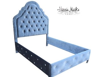 French Tufted Bed Tall Glam Headboard Velvet Rhinestone Crystal Tufting King Queen Full Twin Any Fabric Bed Frame MADE TO ORDER