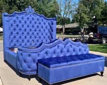 Tufted Velvet French Bed: Extra Tall Upholstered Royal Platform Bed Custom For GLORIA