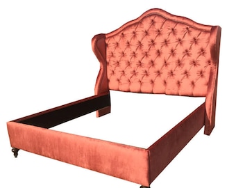 Wingback Bed Diamond Tufted Headboard Extra Tall Platform Bed Frame California King Queen Full Pair Twin Sleep Number CUSTOM MADE