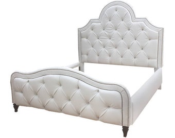 Custom Upholstered Bed: Tall Diamond Tufted Headboard, Faux Leather, Nailhead Trim