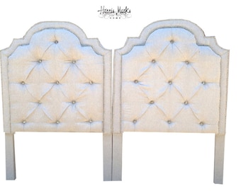 Pair Twin Tufted Headboards Twin Full Queen King Bed Any Size Pair Gray Metallic Linen Rhinestone Button Nailhead Trim BY CUSTOM ORDER