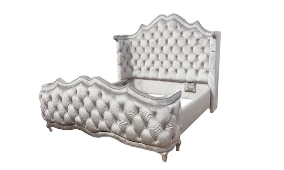 French Bed Tufted Curved Wing Round, Fabric Headboard And Footboard