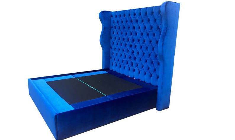 Wingback Bed Tufted Tall Headboard Curvy Velvet Platform Bed Frame Footboard Crystal Button California King Queen Full Twin CUSTOM MADE
