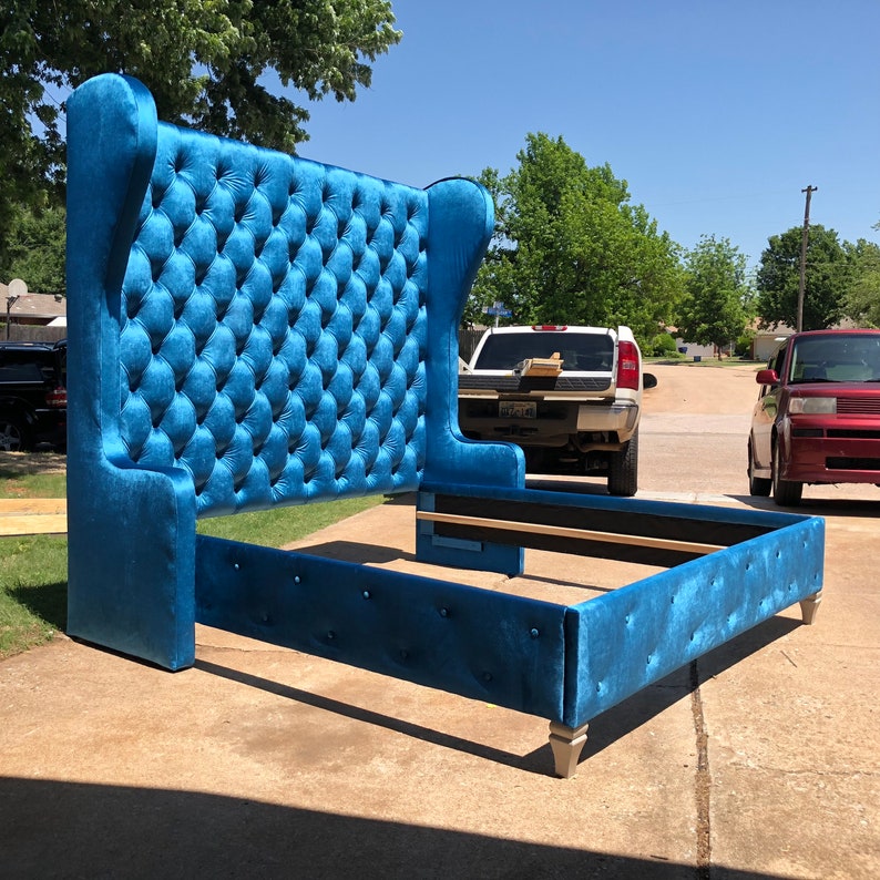 Wingback Bed Tufted Tall Headboard Curved Velvet Bed Frame Etsy