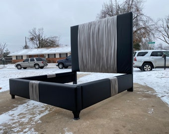 Custom Upholstered Bed: Luxe Faux Leather & Silk Velvet Tufted Headboard