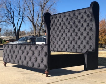 Custom Tufted Wingback Bed: Tall Curvy Velvet Headboard, Made to Order