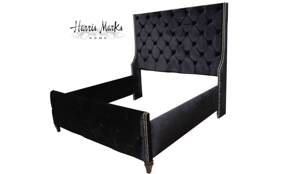Tall Tufted King Bed Wingback Upholstered Black Velvet Extra Etsy