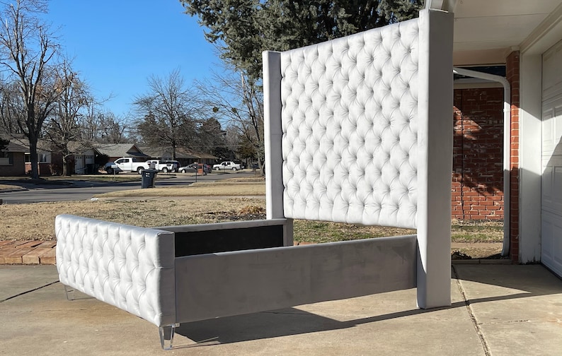 Custom Bed Extra Tall King Bed Frame Gray Velvet Tufted Etsy