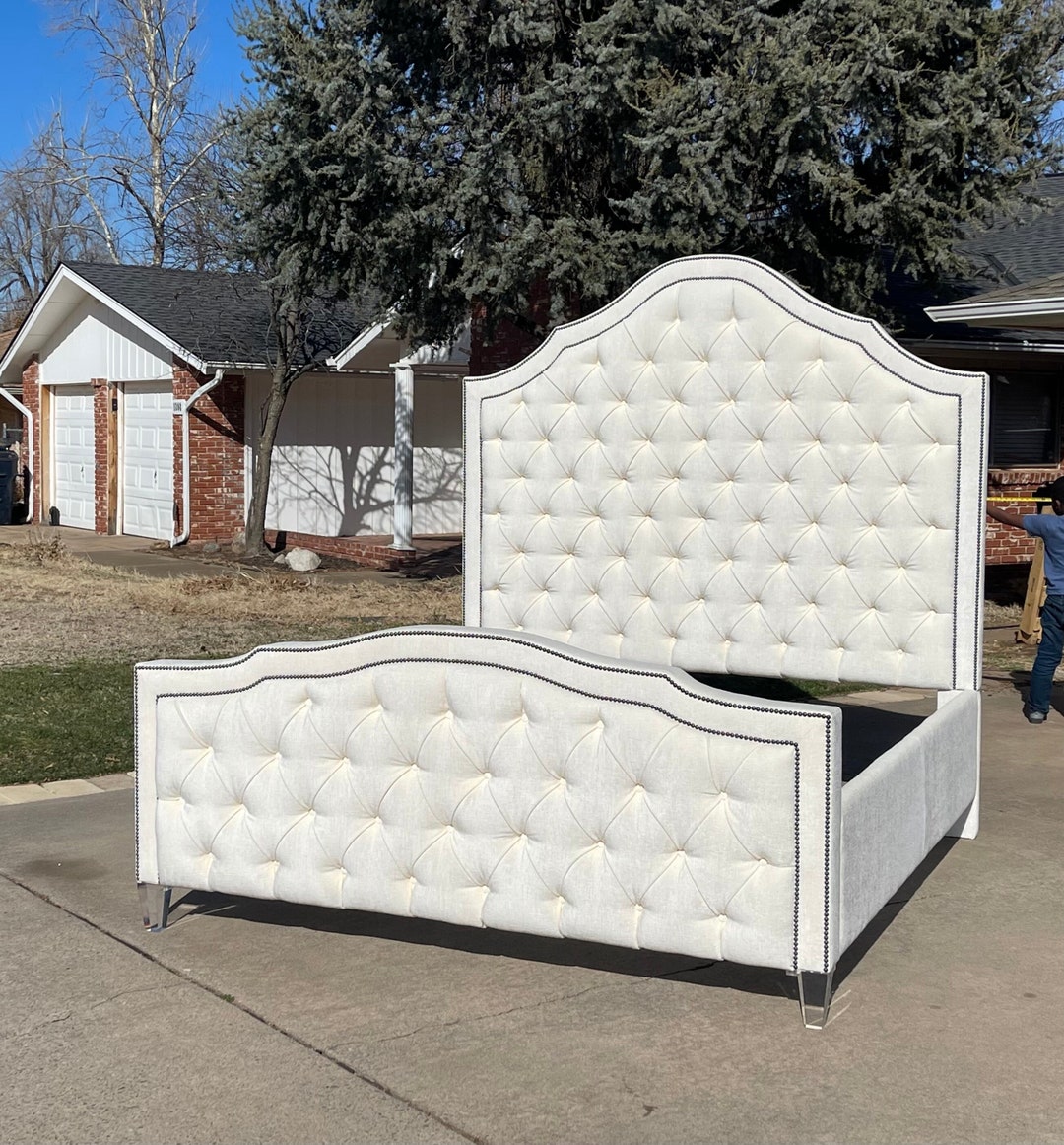 Tall white bed frame queen discount