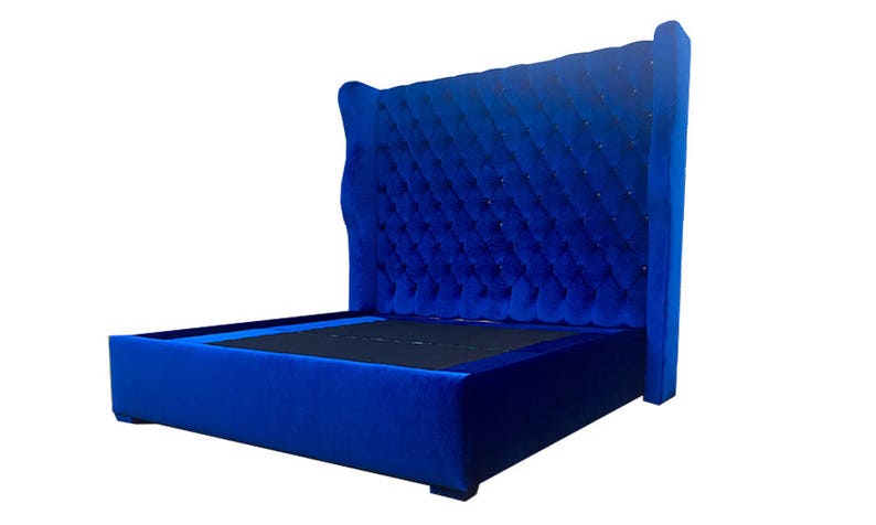 Wingback Bed Tufted Tall Headboard Curvy Velvet Platform Bed Frame Footboard Crystal Button California King Queen Full Twin CUSTOM MADE