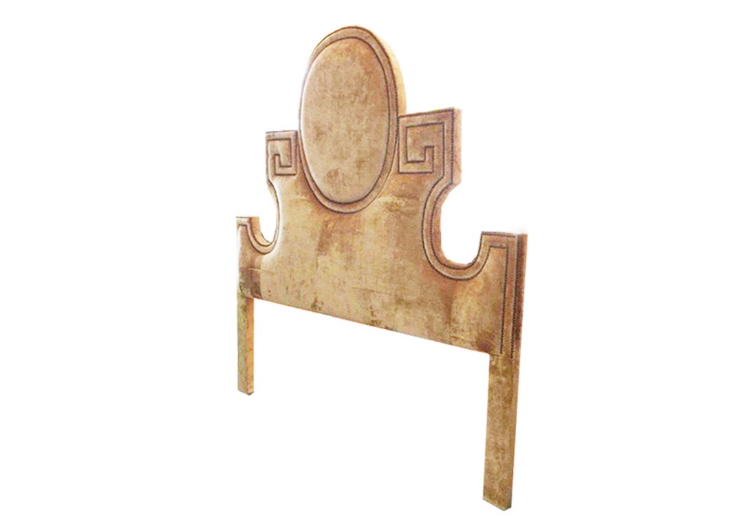 Vintage Inspired Greek Key Headboard Upholstered Tall Bed Hollywood