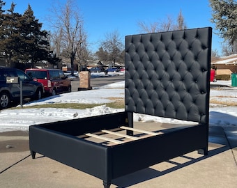 Tall Tufted Bed: Modern Faux Leather Platform Bed Frame - Made To Order