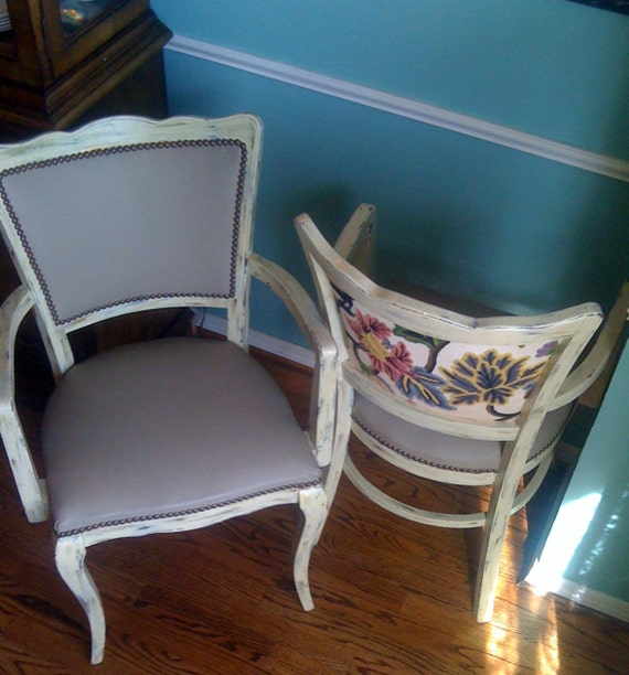 Items similar to Painted Vintage Chairs White Distressed Upholstered