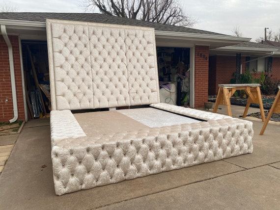 Tufted Bed Frame Tall Wingback Sofa Bench Glam Crystal Velvet Tufted  California King Queen Full Bespoke Extra Tall Glam CUSTOM ORDER 