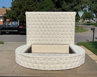 Round Upholstered Bed Frame: Tufted Platform with Storage, Custom Order