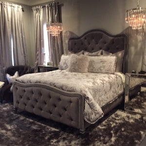 Tufted Bed Extra Tall Headboard Footboard Frame California King Queen Full Twin Choose Color Rhinestone Crystal Button MADE TO ORDER