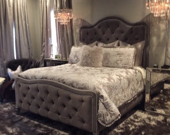 Tufted Bed Extra Tall Headboard Footboard Frame California King Queen Full Twin Choose Color Rhinestone Crystal Button MADE TO ORDER