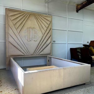 Ceiling Headboard Bed Frame Monogrammed Upholstered Storage Bed Frame Channel Tufted Pattern Modern CA King Queen Full Any Size CUSTOM ORDER