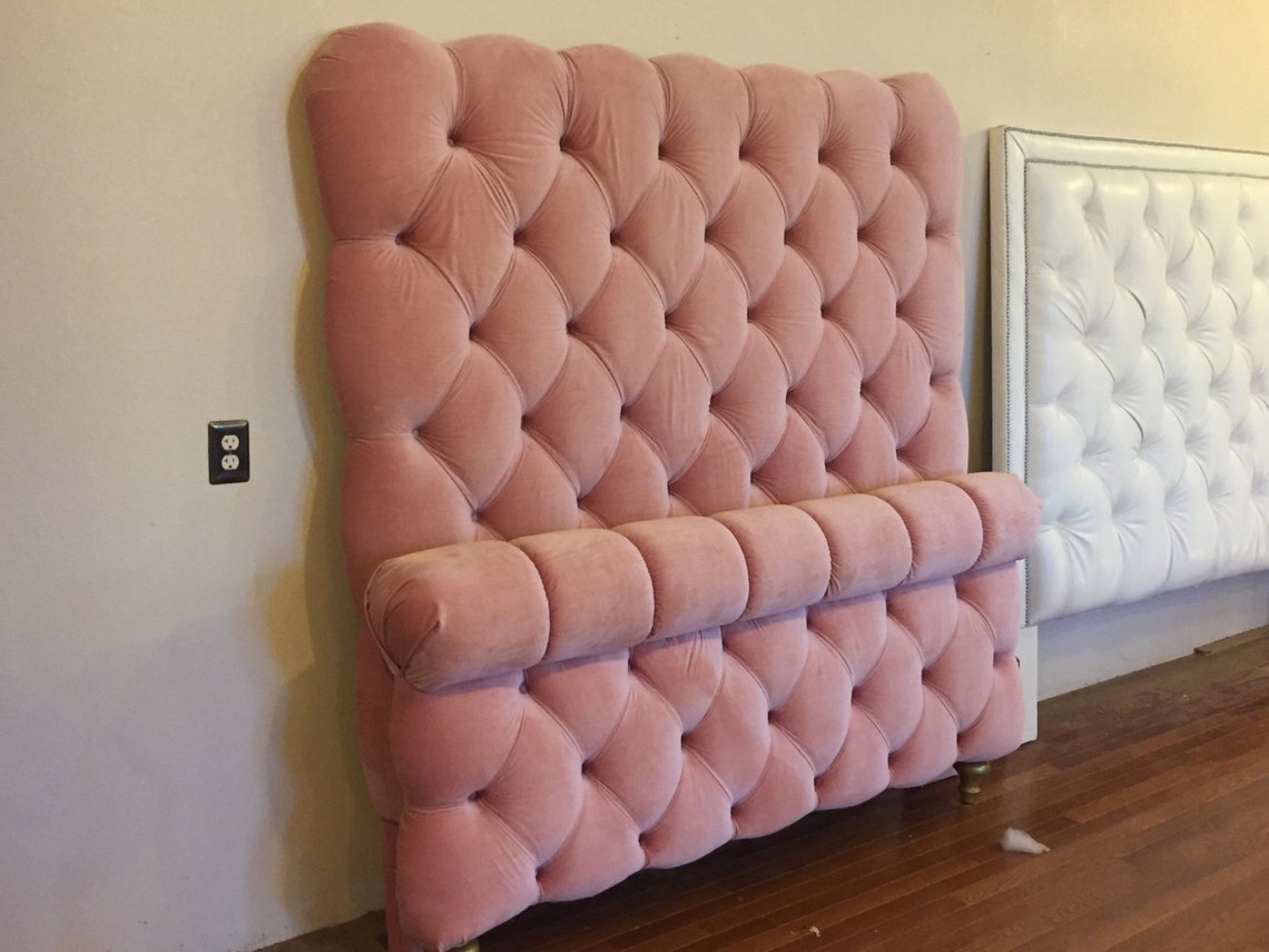 Headboard Tufted Upholstered Bed Pink Velvet Channel Tufting Etsy