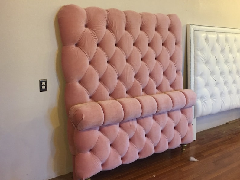Headboard Tufted Upholstered Bed Pink Velvet Channel Tufting Etsy