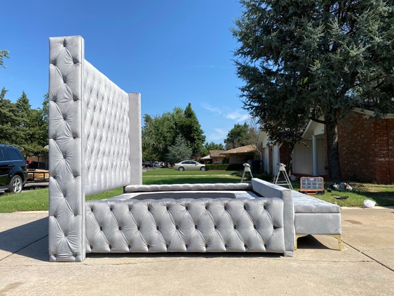 Tufted Bed Frame Tall Wingback Sofa Bench Glam Crystal Velvet Tufted  California King Queen Full Bespoke Extra Tall Glam CUSTOM ORDER 