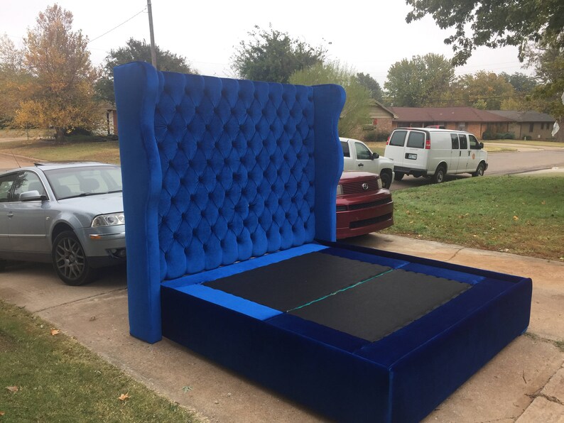 Wingback Bed Tufted Tall Headboard Curvy Velvet Platform Bed Frame Footboard Crystal Button California King Queen Full Twin CUSTOM MADE