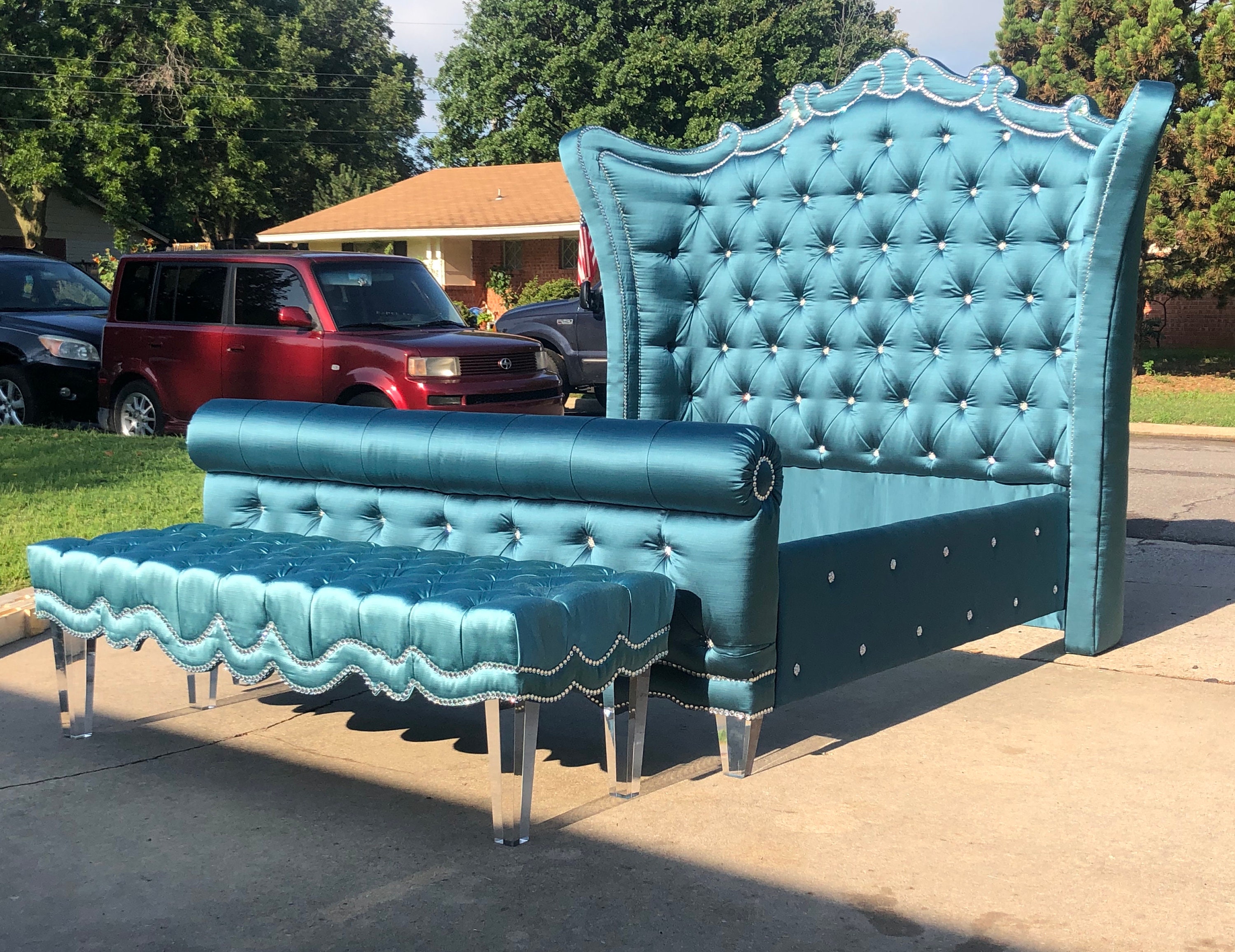 Tall Tufted Headboard Bed Frame: Silk Velvet, Lucite Legs, Glam ...